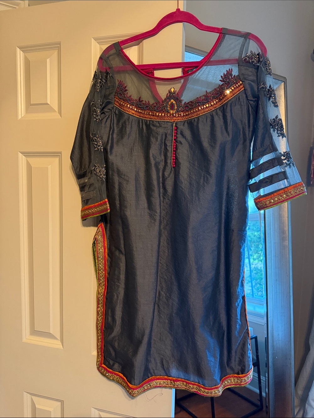Embroidered Navy Tunic with Pink Trim